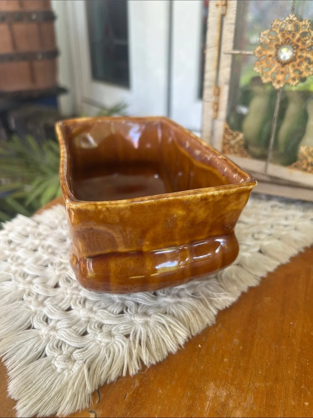 Vintage Amber Brown Drip Glazed Ceramic Planter